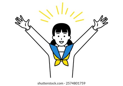 Female student rejoicing with both hands raised