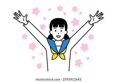 Female student rejoicing with a cherry blossom shower