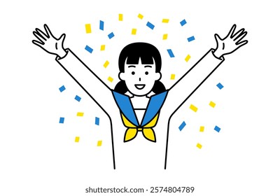 Female student rejoicing with her hands raised amid confetti