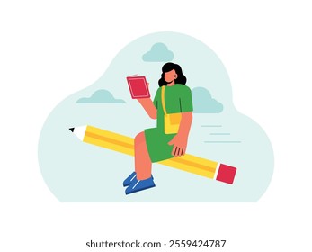 the female student is riding a big pencil and she is reading a book.
design, vector, illustration