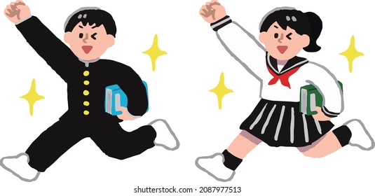 A female student in a sailor suit and a male student in a school uniform with a guts pose on the side of a book