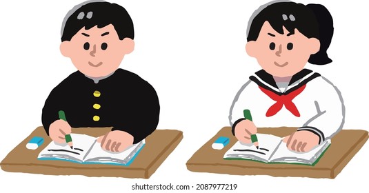 A female student in a sailor suit studying at a desk and a male student in a school uniform