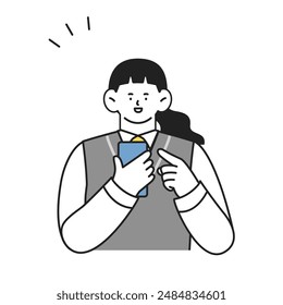 Female student in school uniform using a smartphone Positive expression illustration
