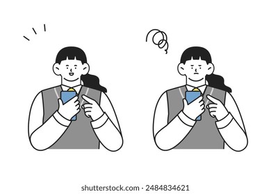 Female student in school uniform using a cell phone Set of two illustrations of positive and negative facial expressions