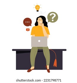 Female student searching for learning courses and universities. Questions about future career. Choose the right occupation concept. Student looking for scholarship. Flat vector illustration	