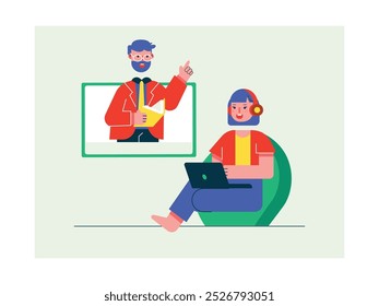 A female student sits on a beanbag wearing headphones and a laptop, joining an online classroom lesson. Character design. Vector flat illustration