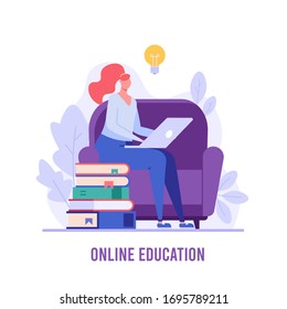 Female Student Sitting In Chair And Studying Online With Laptop. Online Learning. Concept Of Successful Studying, Online Lesson, Modern Education.  Vector Illustration In Flat Design