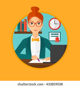 A female student sitting at the desk with laptop. Student using laptop at home and writing notes. Student working on laptop. Vector flat design illustration in the circle isolated on background.