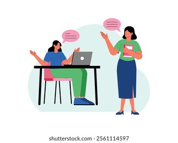 a female student was sitting down she asked her teacher who was explaining the day's lesson
design, vector, illustration