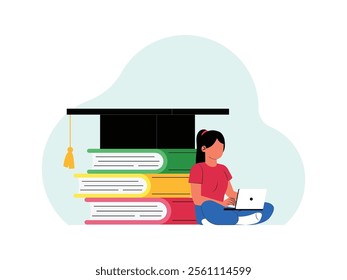 a female student is sitting with her laptop on her lap, she is leaning on a stack of books on top of which is a graduation hat.
design, vector, illustration