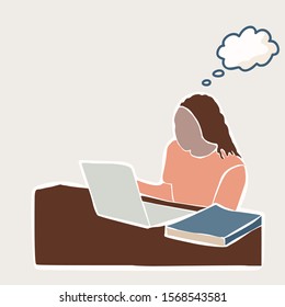 Female Student Sitting at Indoor Table with Laptop and Study Books. With Isolated Thought Bubble to Add Text Illustration. Concept of Digital Nomad, Campus Learning, College Education. Vector EPS 10