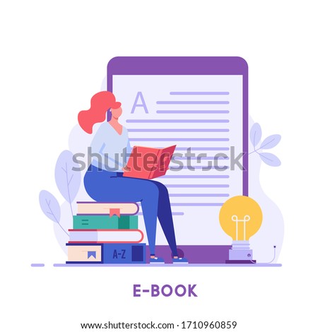 Female student sitting and learning text with e-book. Digital library service. Concept of  reading ebook, archive of books, modern online education. Vector illustration in flat design