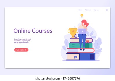 Female student sitting on books and studying courses with computer. Online course and webinar. Concept of successful studying, online lesson, modern education. Vector illustration in flat design