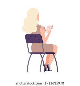 Female Student Sitting on Chair in Class, Back View of Girl Writing in Notebook During University Lecture Flat Vector Illustration