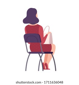 Female Student Sitting on Chair in Class, Back View of Girl During University Lecture Flat Vector Illustration