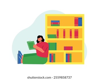 female student is sitting on the floor leaning against a bookshelf, she is reading a book 
design, vector, illustration