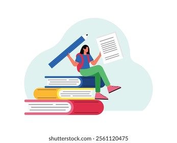 The female student is sitting on a large book, she is holding a large pencil and a notebook.
design, vector, illustration