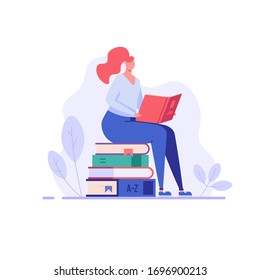 Female student sitting on stock of books and reading book. Book store. Concept of successful studying, spending time, modern education. Vector illustration in flat design