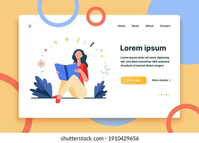 Female student sitting and reading book. Study, learning, girl flat vector illustration. Education and knowledge concept for banner, website design or landing web page