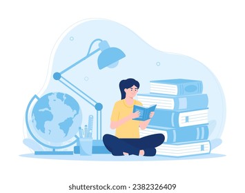 Female student sitting and reading a book trending concept flat illustration