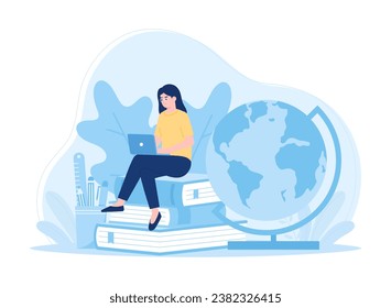 Female student sitting and reading a book trending concept flat illustration