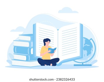 Female student sitting and reading a book trending concept flat illustration