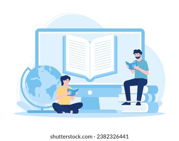 Female student sitting and reading a book trending concept flat illustration