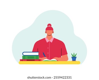 a female student is sitting, she is doing her schoolwork, on the table there are also some books for studying.
design, vector, illustration