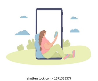 Female student sitting and using her phone. Girl with brown long braid wearing in casual clothes spending time by own company with her smartphone. Online education concept. Vector illustration. 