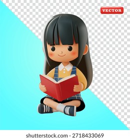 Una estudiante sentada mientras lee un libro, Vector 3D. Adecuado para la educación