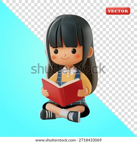 A female student sitting while reading a book, 3D vector. Suitable for education