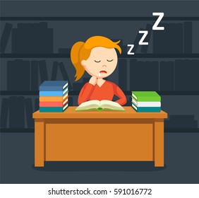 female student sleeping while reading a book