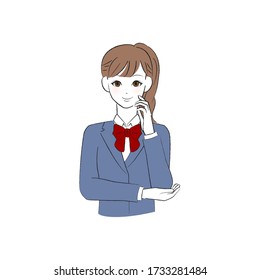 A female student smiling with her left hand on her cheek