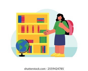 a female student is standing in front of a bookshelf, she is about to pick up some books that will be used for studying.
design, vector, illustration