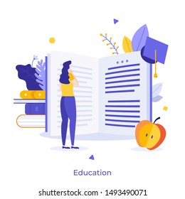 Female student standing in front of giant open book and reading. Creative concept of university education, school learning, obtaining academic degree. Flat cartoon colorful vector illustration.