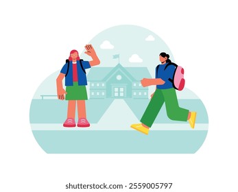 a female student standing at the front of the school greeting her friend who was running towards her.
design, vector, illustration