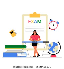 Female Student Standing Near Exam Paper In Flat Vector Illustration Symbolizing Education, Test Preparation, And Academic Assessment, Isolated On White Background