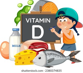 Eine Studentin steht neben Vitamin D an einer Tafel, umgeben von einer Vielzahl von Lebensmitteln, die Vitamin D enthalten