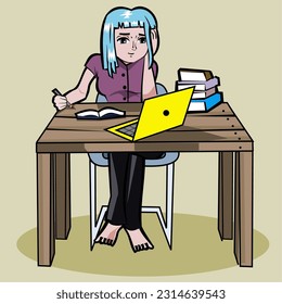 Female student study with books and laptop from home. Vector character illustration. 