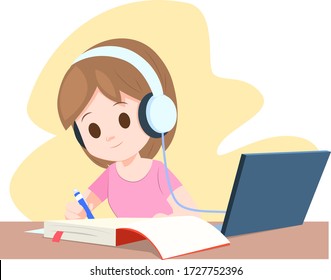 Female student study from home cartoon.education online.studying online