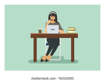 female student studying alone, isolated flat illustration