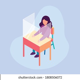 Female Student Studying At Classroom With Plexiglass Divider On Desk During Social Distancing Illustration. EPS 10 Vector.