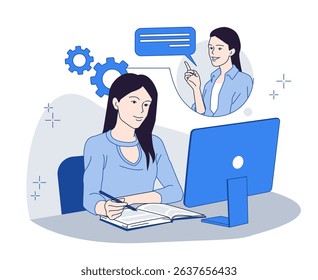 Female student studying at desk with computer, writing in notebook while attending online lesson with teacher in bubble, on white background. Concept of e-learning. Modern Flat vector illustration