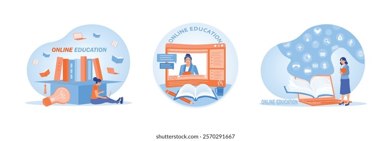 Female student studying online at home. Learning videos on educational platforms. Students note down the teacher's explanation. Online Education concept. Set flat vector illustration.