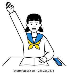 Female student studying and raising her hand