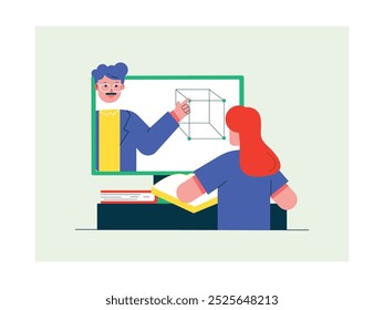 Female student studying in room, watching video of teacher explaining. Homeschooling. Design character. Vector flat illustration