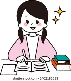 A female student studying. student taking a test.