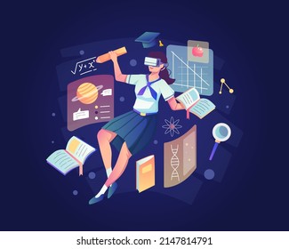 A female student is studying with wearing a VR Headset. Virtual Reality Technology for Education and Online Learning concept. Flat style vector illustration