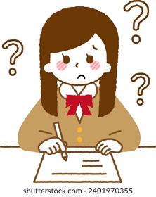 A female student studying. A worried expression.