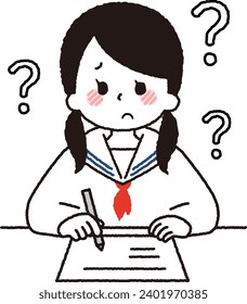 A female student studying. A worried expression.